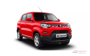 Front and side view of Maruti Suzuki S-Presso compact SUV-styled hatchback in vibrant orange color, parked on urban road