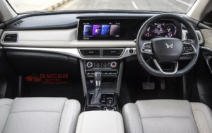 Interior of Mahindra XUV700 with dual-screen dashboard and premium finish

