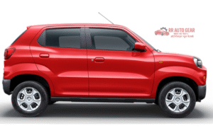 Front and side view of Maruti Suzuki S-Presso compact SUV-styled hatchback in vibrant orange color, parked on urban road