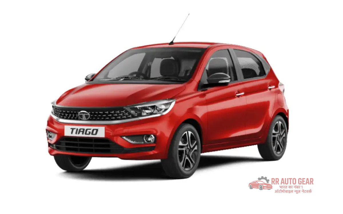 Front view of Tata Tiago 2025 hatchback in red color with LED DRLs