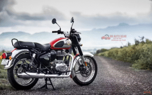 Royal Enfield Classic 350 parked on a scenic highway with chrome finish